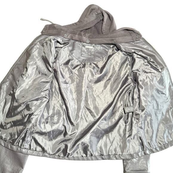 J2 Gray Faux Leather Women’s Jacket Cotton Hood Zipper Pockets Size Large Punk - Picture 4 of 9